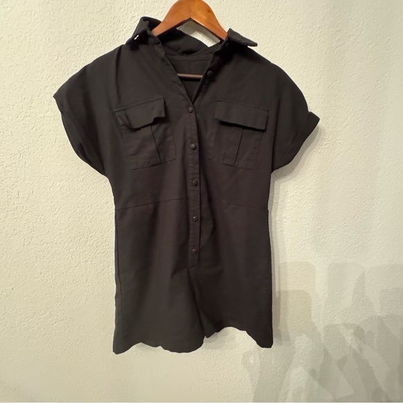Women's Black Linen Blend Collared Romper - Picture 9 of 11
